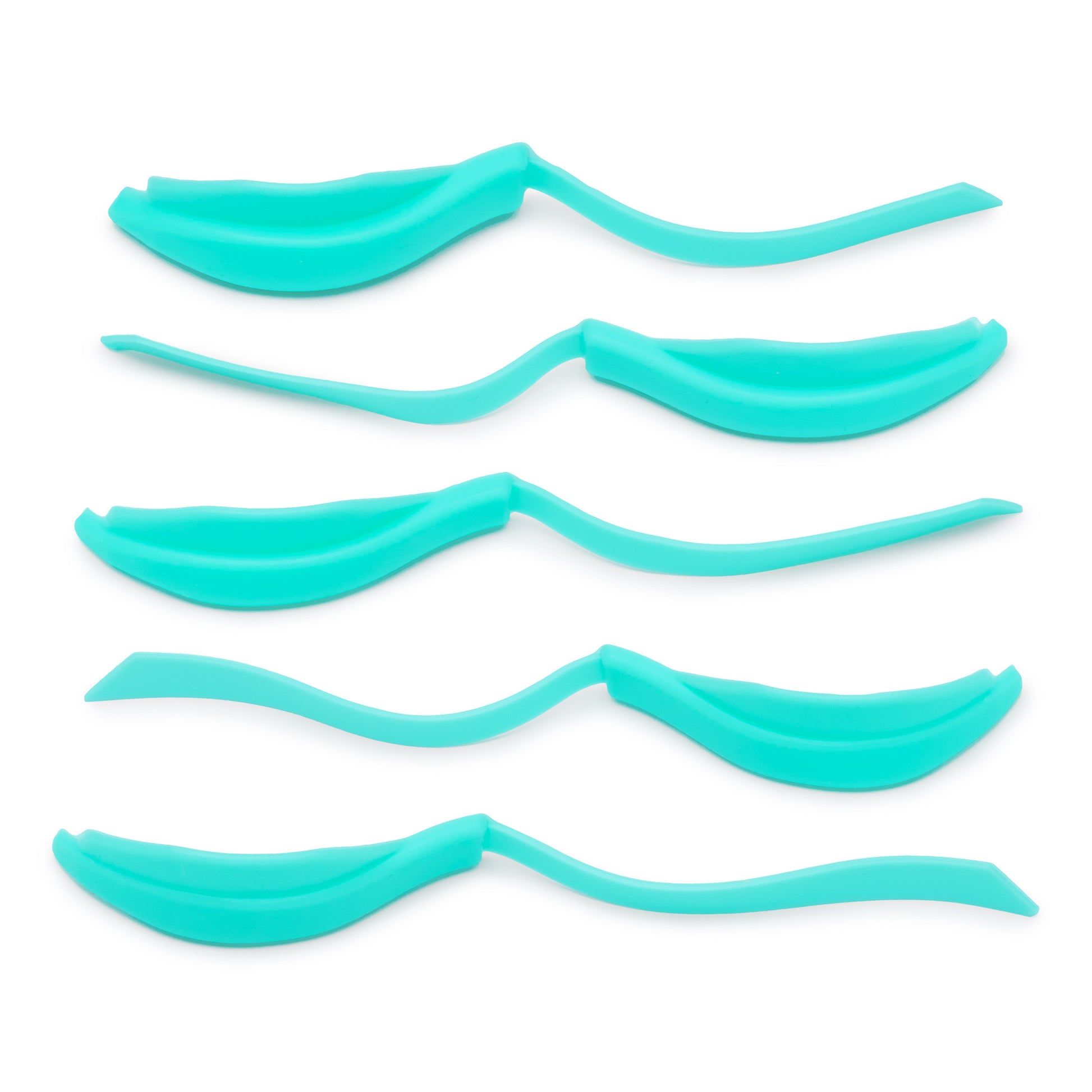 A set of turquoise blue silicone lash lamination pads with compensators, laid out on a white background.