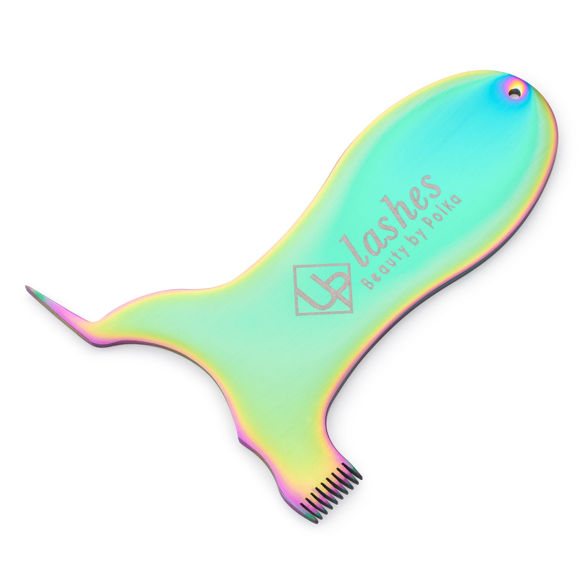 A metal comb lash&brow lamination tool with a rainbow-colored finish and the brand name 'UPLashes' printed on it.