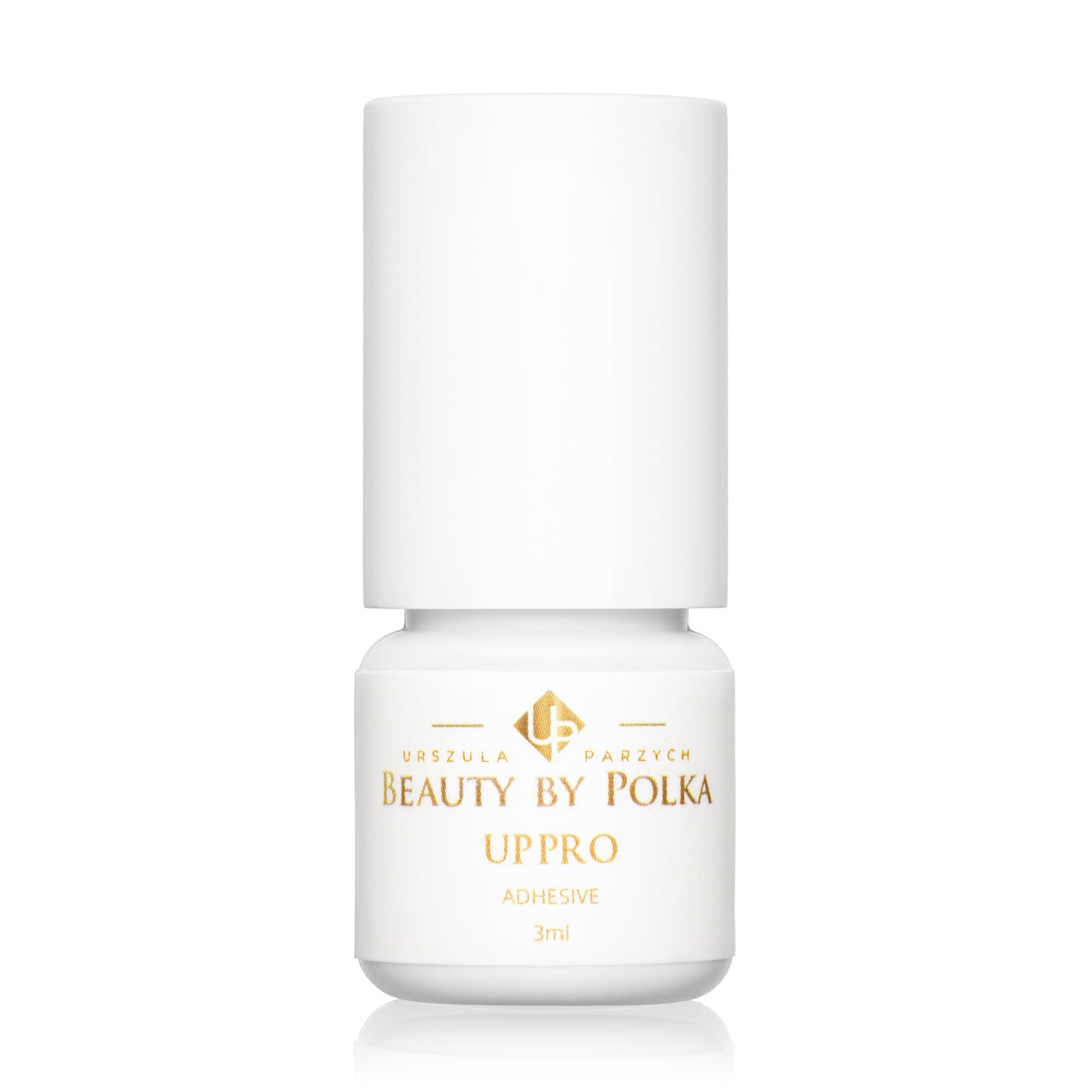 A small white bottle with a label that reads 'Beauty by Polka UP PRO Adhesive 3ml', intended for applying eyelash extensions.