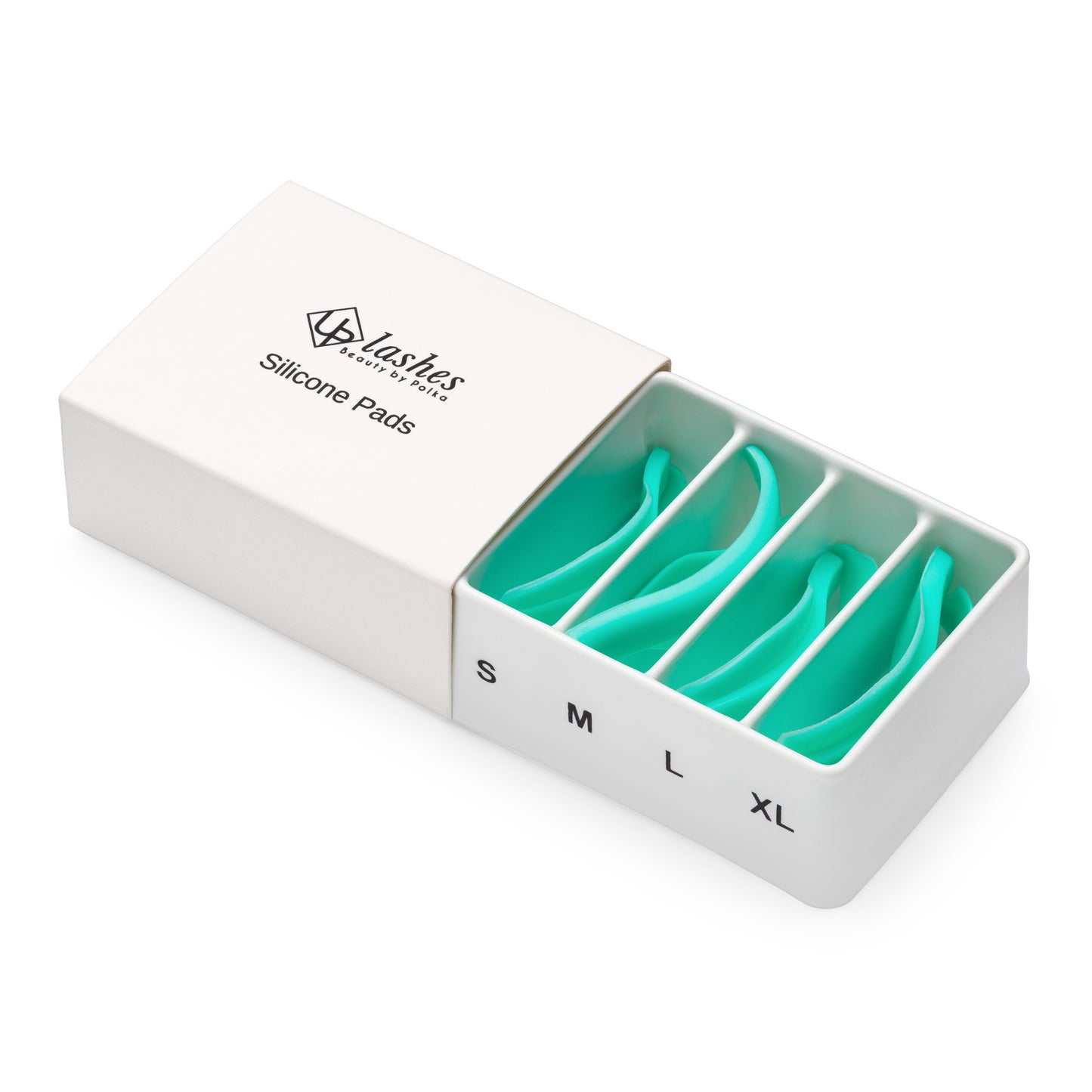 Close-up of silicone lash pads in sizes S, M, L, and XL for lamination