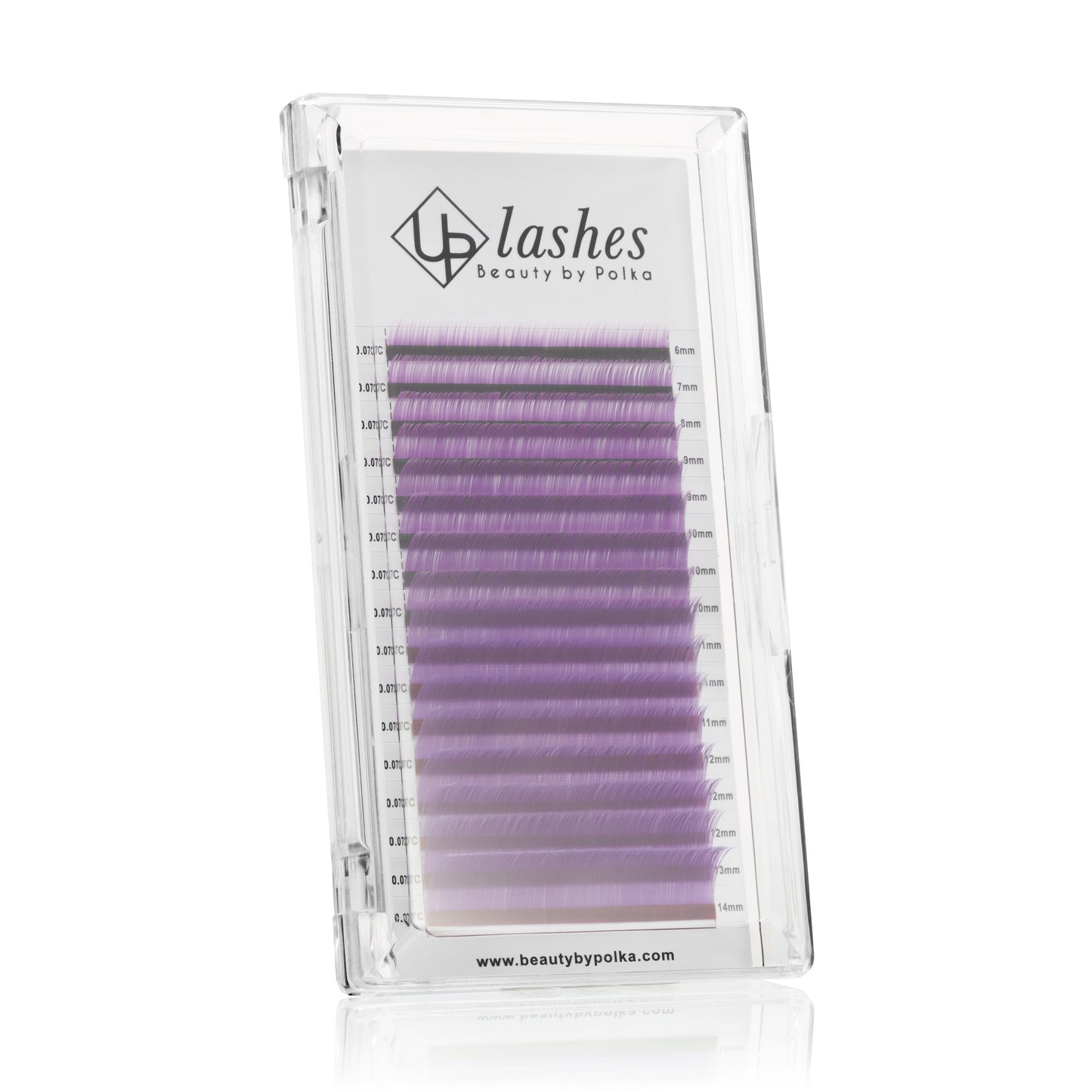 Vibrant purple lash extensions in C curl, displayed in a professional lash box