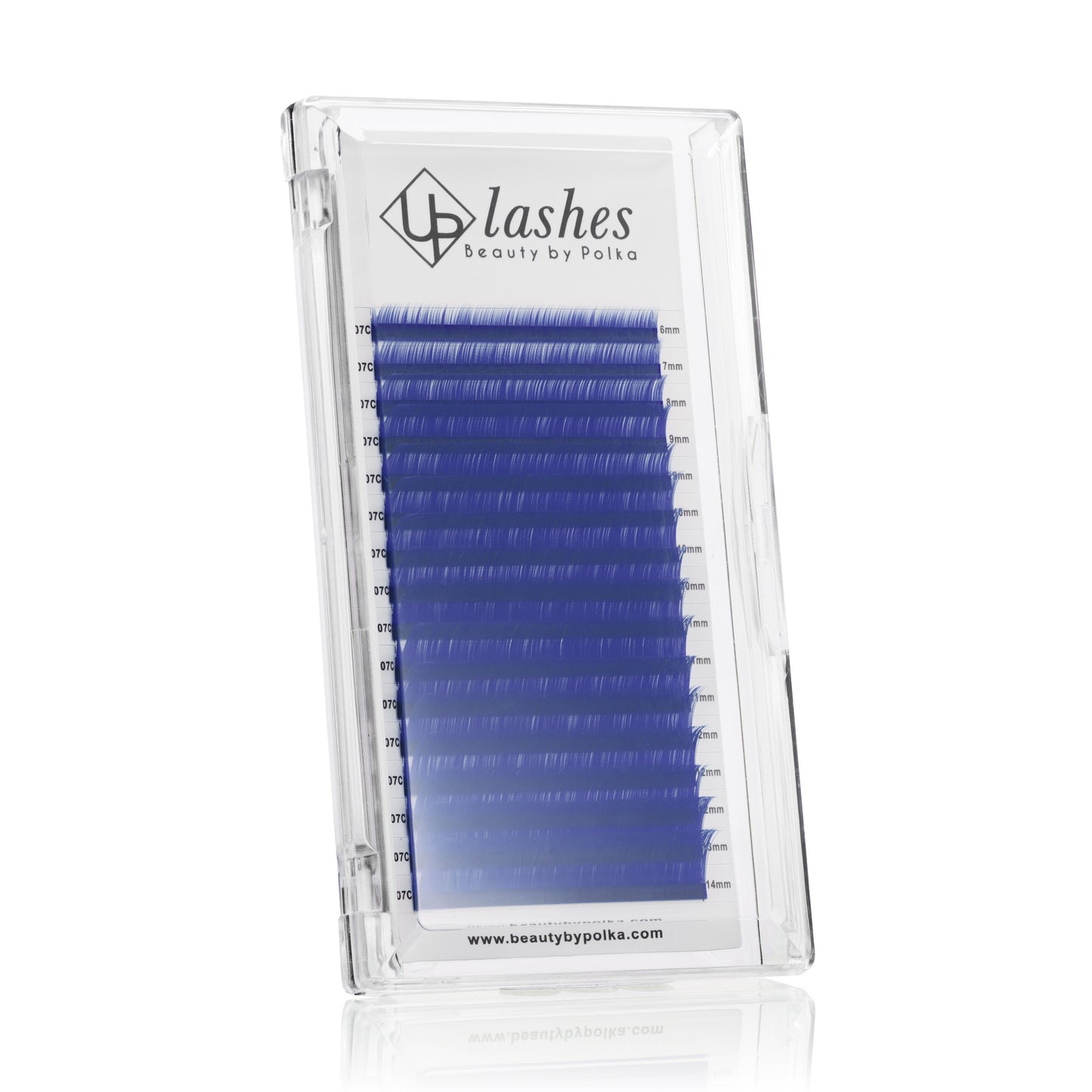 Close-up of C-curl blue eyelash extensions in a lash packaging box