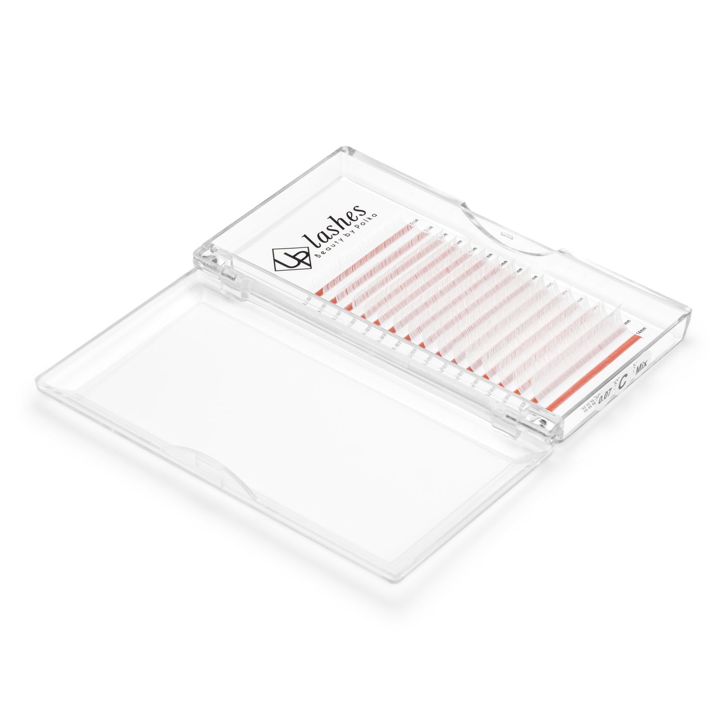 Box of white C-curl eyelash extensions neatly arranged in a tray.