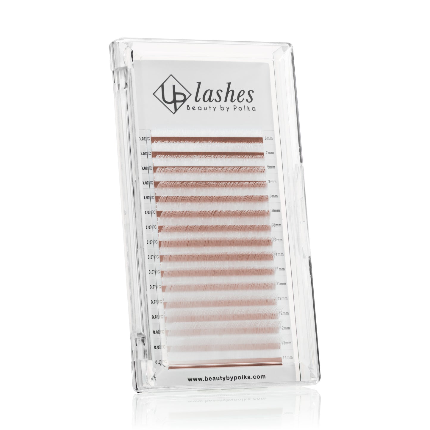 White lash extensions in C curl, displayed in a professional lash box