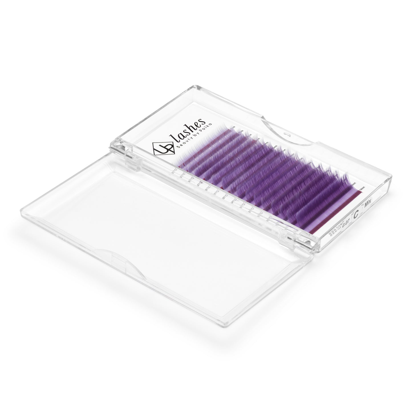 Box of purple C-curl eyelash extensions neatly arranged in a tray.