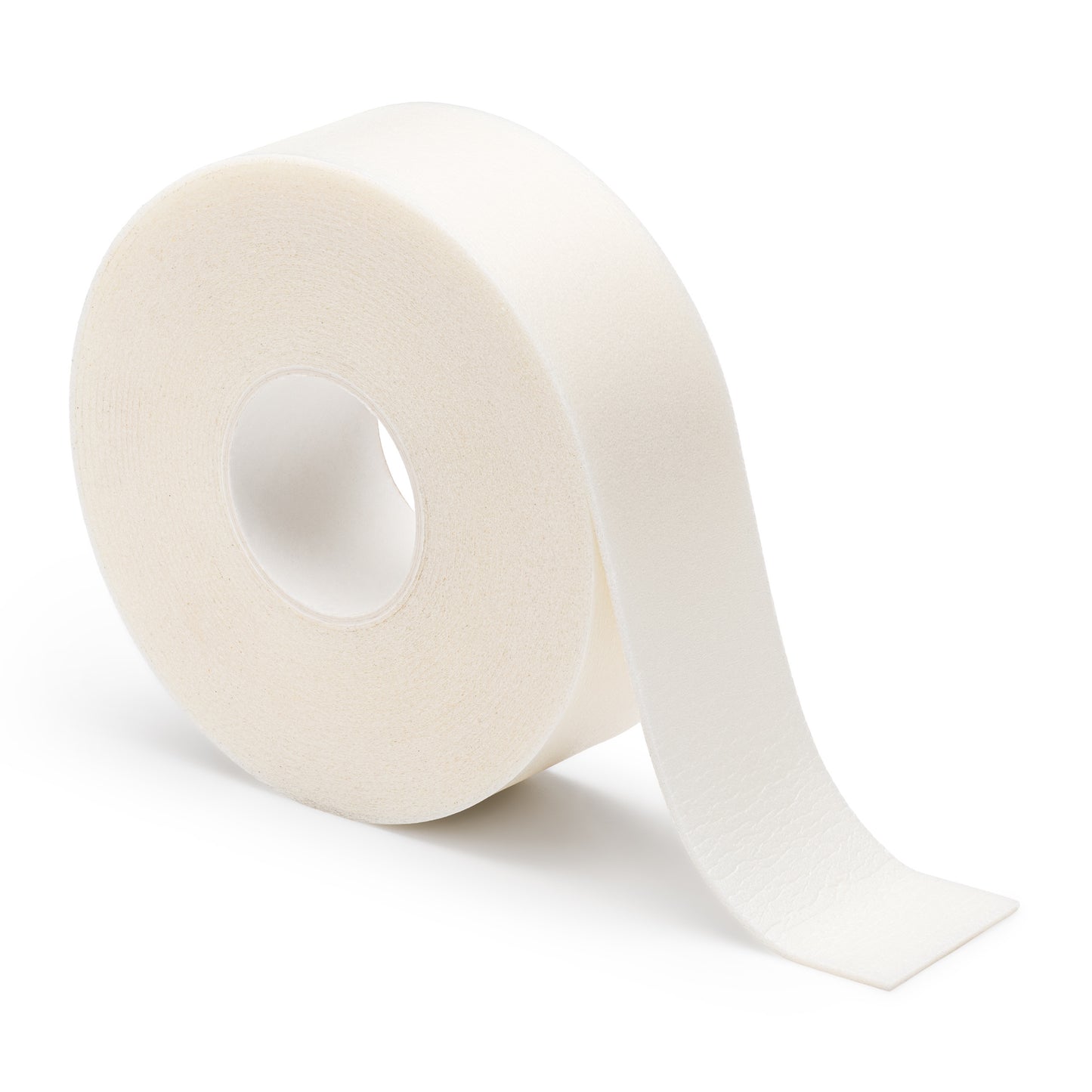 A roll of foam tape used for eyelash application, showing a white tape with a partial unroll, on a white background.