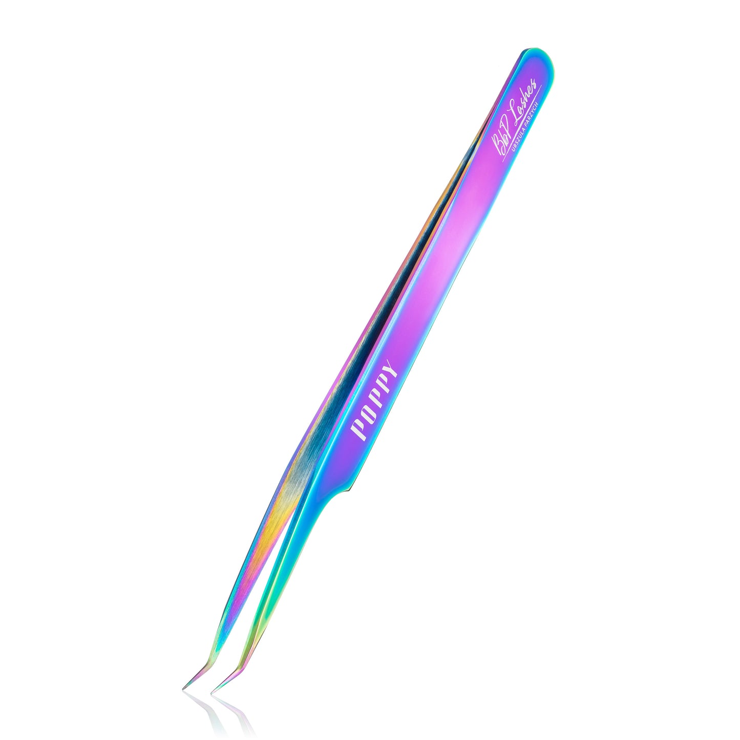A rainbow-colored tweezer with curved tips, designed for lash separation, with the brand 'Poppy' visible on the side.