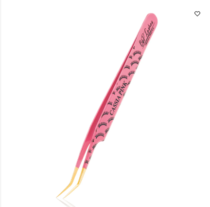 A pair of pink-colored professional tweezer with a design that resembles lash fans, made of stainless steel with a gold and pink color scheme.