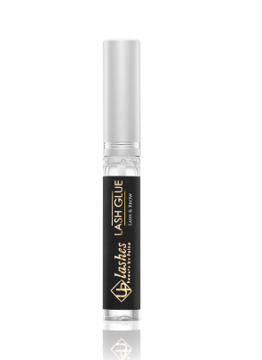 A small bottle of false eyelash adhesive with a black and gold label, designed for eyelash lamination.