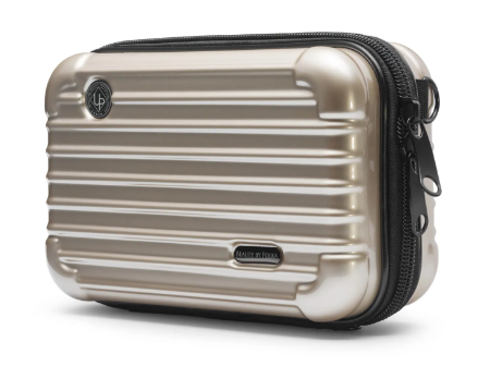 A small gold-colored PVC cosmetic and toiletry bag with two zippers and a carrying handle.