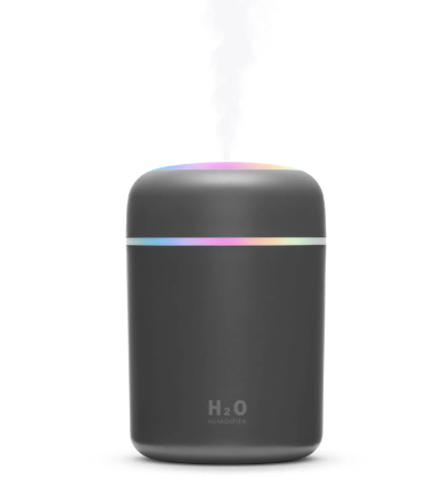 A portable air humidifier with a dark color and LED lighting at the top. The brand 'H2O' is visible on the front, and it appears to be emitting mist.