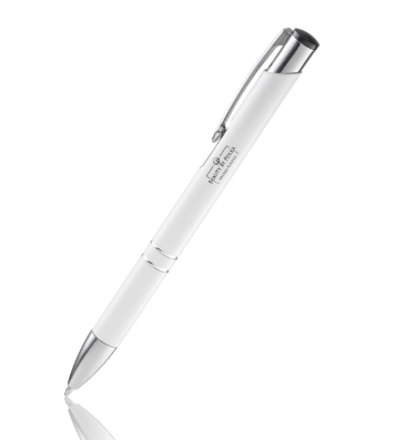An engraved metal pen with a white lacquered coating, silver accents, and a metal clip. The pen's model name is 'Beauty by Polka'.
