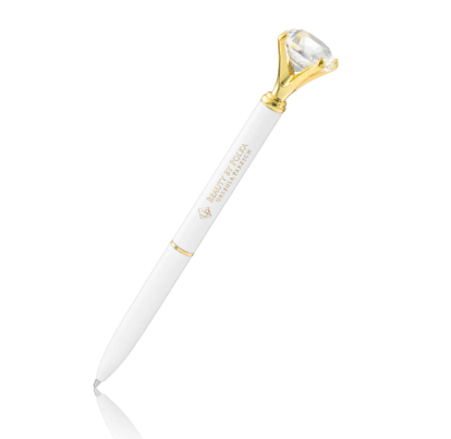 A stylish pen with a diamond-shaped twist mechanism, featuring a white body with gold accents and a matching cap.