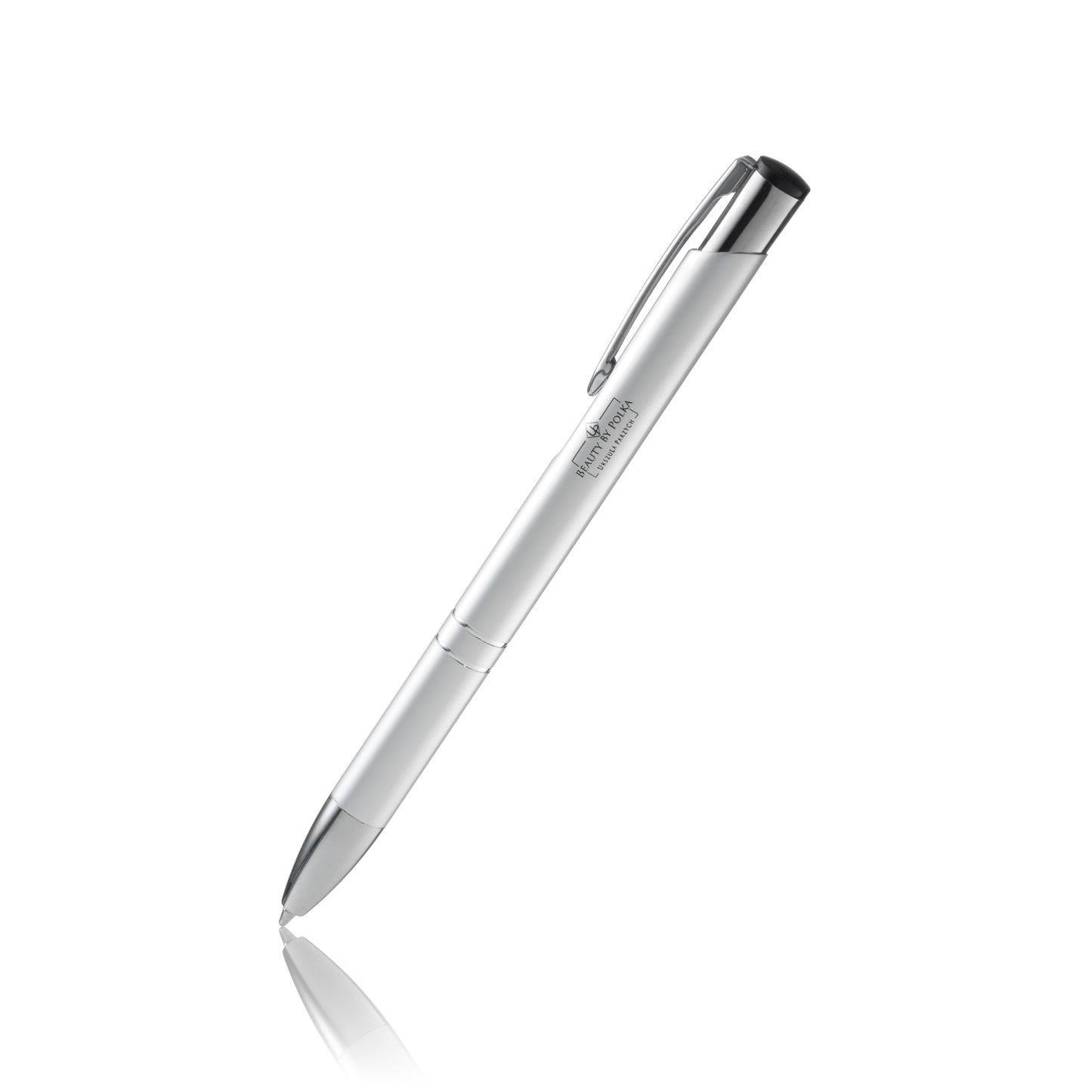 An engraved metal pen with a silver lacquered coating, silver accents, and a metal clip. The pen's model name is 'Beauty by Polka'.