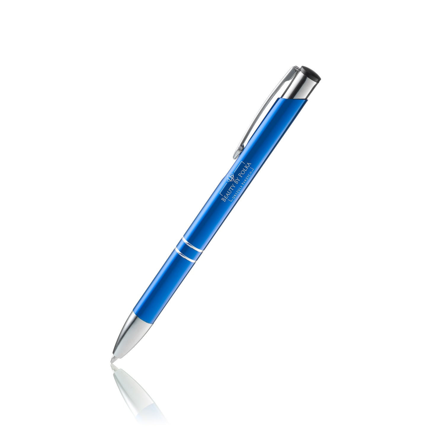 An engraved metal pen with a blue lacquered coating, silver accents, and a metal clip. The pen's model name is 'Beauty by Polka'.