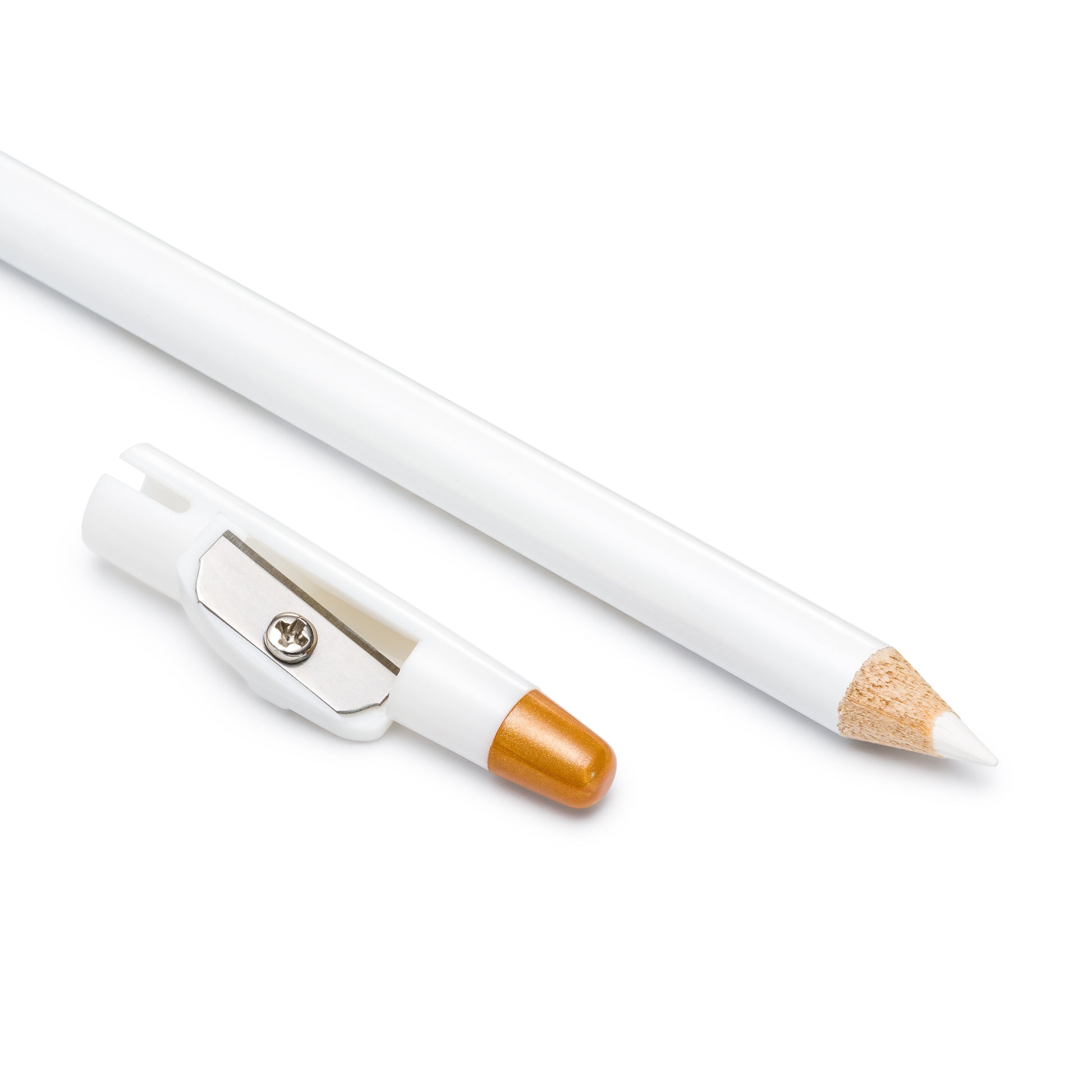 A white eyebrow pencil with a sharpener, designed for technical drawing of eyebrows.