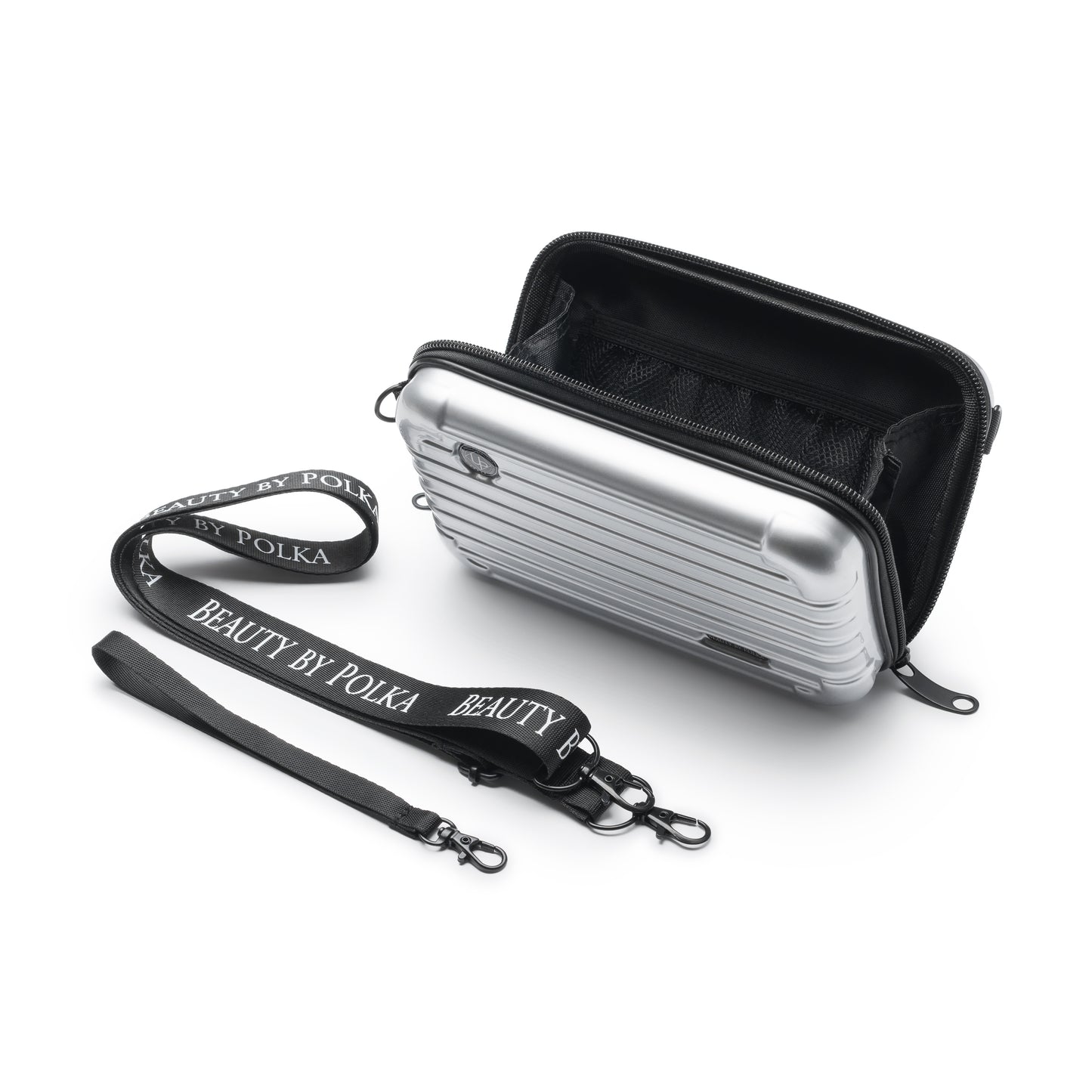 A small silver-colored PVC cosmetic and toiletry bag with two zippers and a carrying handle.