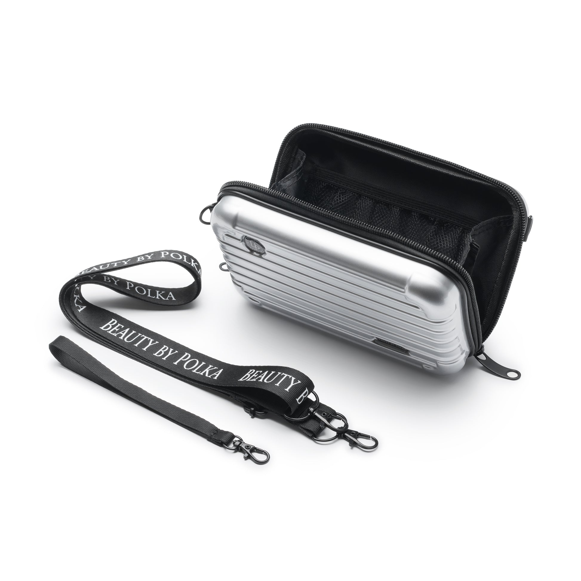 A small silver-colored PVC cosmetic and toiletry bag with two zippers and a carrying handle.