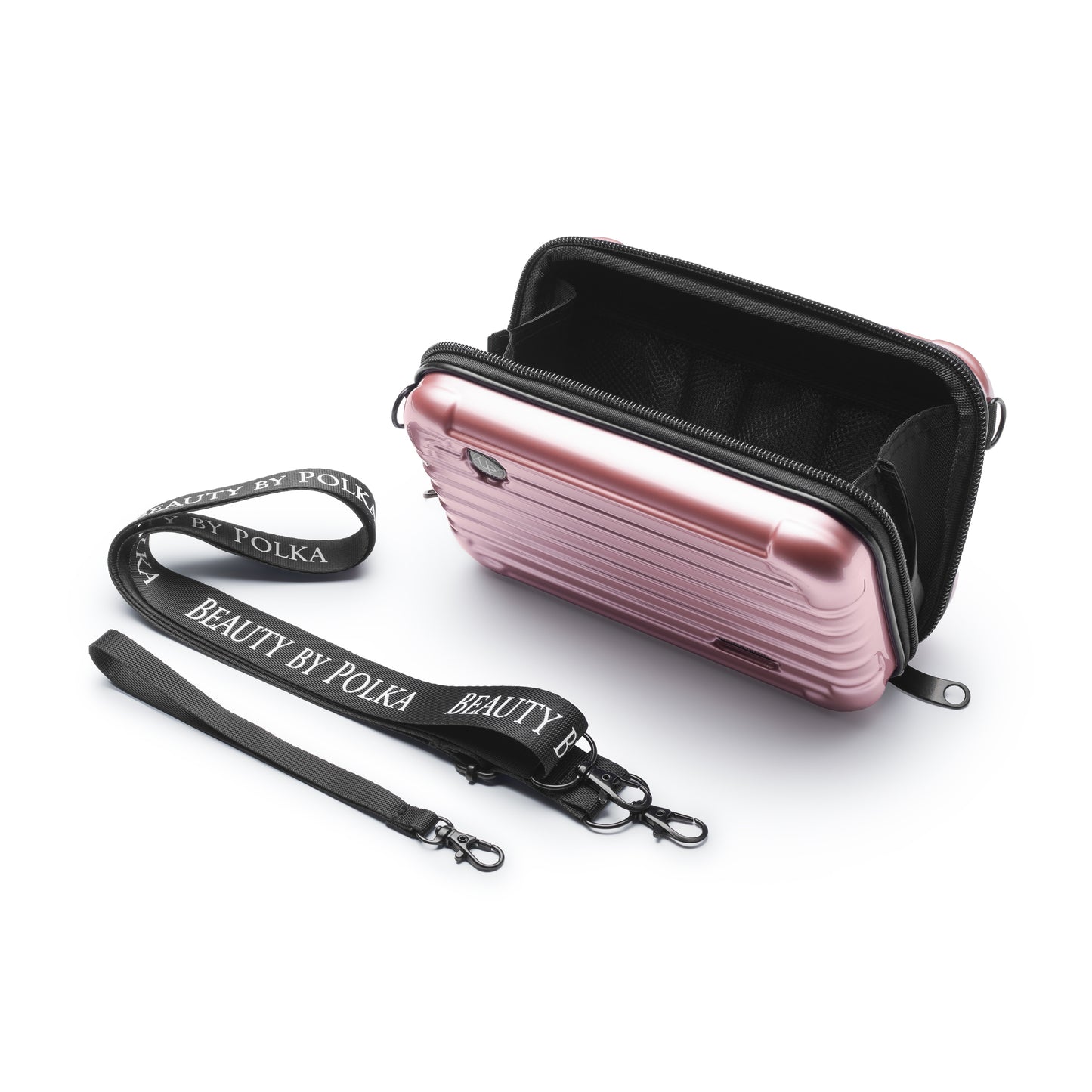 A small pink-colored PVC cosmetic and toiletry bag with two zippers and a carrying handle.