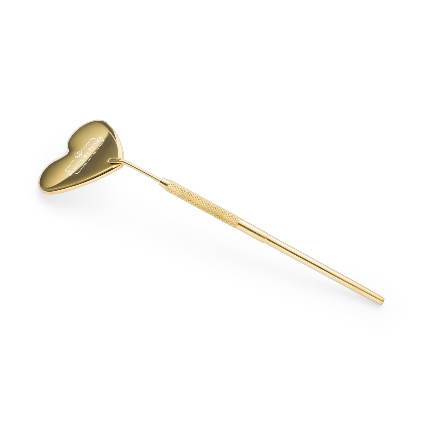 A gold heart-shaped mirror with a stainless steel handle, designed for lash styling.
