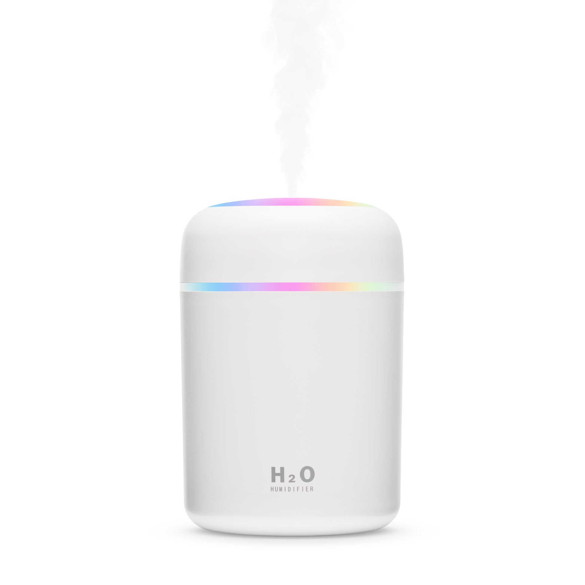 A portable air humidifier with LED lighting at the top. The brand 'H2O' is visible on the front, and it appears to be emitting mist.
