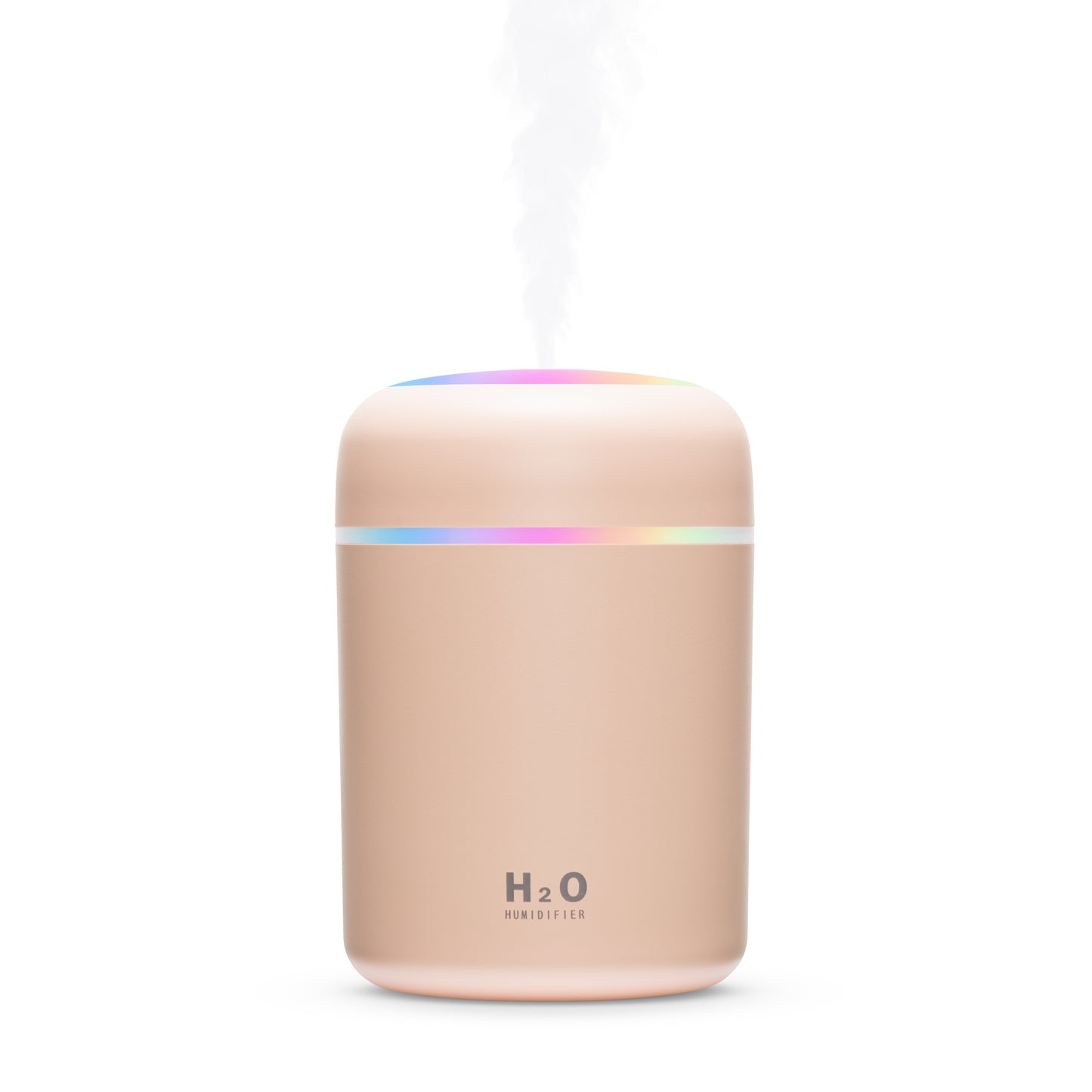A portable air humidifier with LED lighting at the top. The brand 'H2O' is visible on the front, and it appears to be emitting mist.