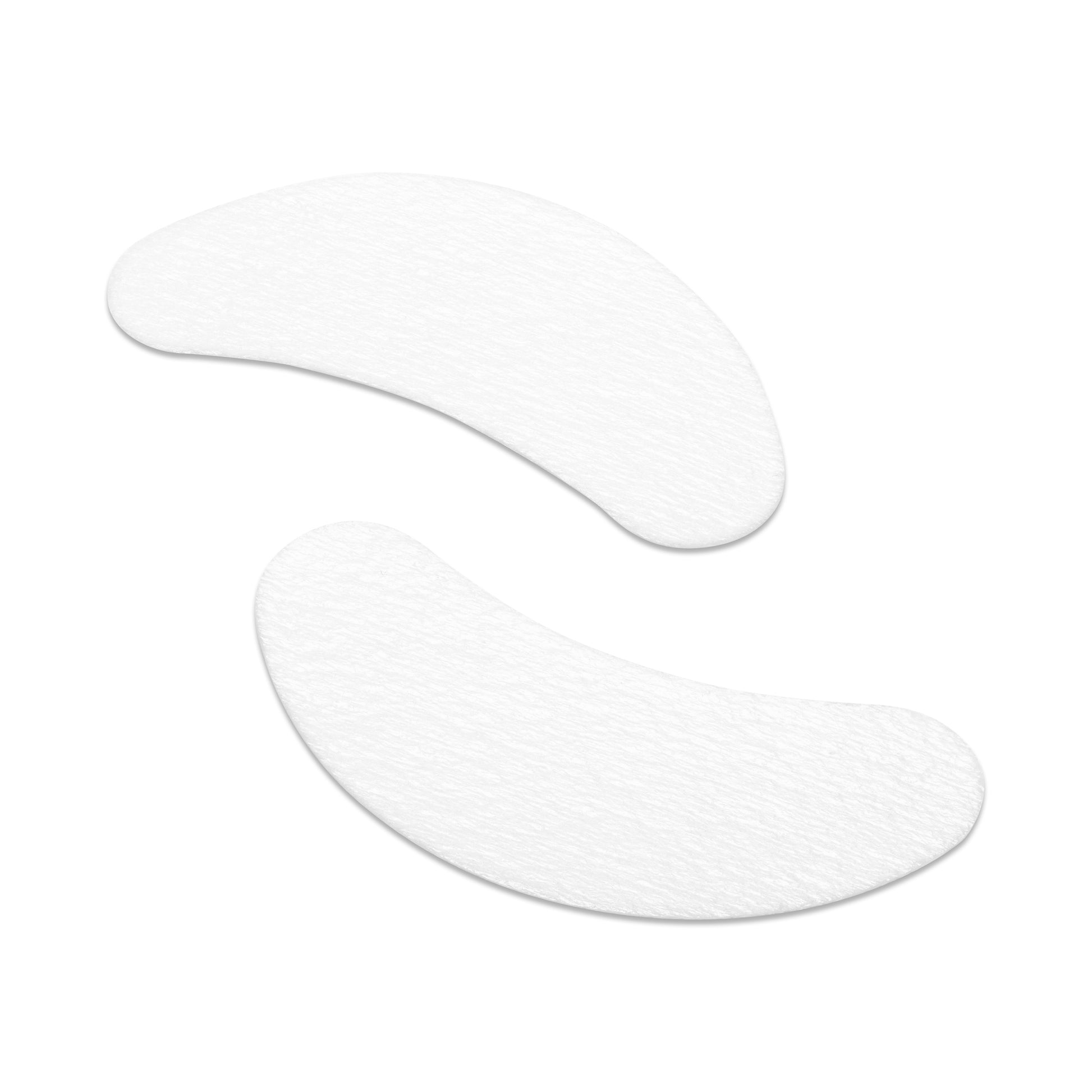 A pair of white under-eye pads with a curved shape designed for eyelash extension procedures.