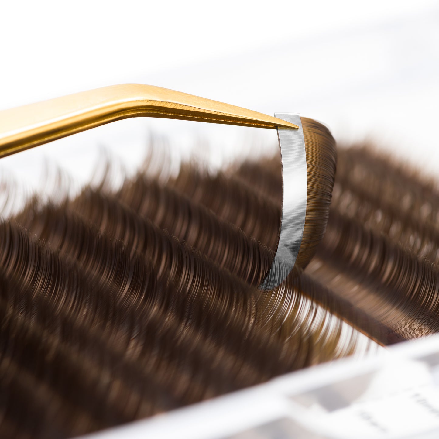 Tweezers gripping a cluster of eyelash extensions