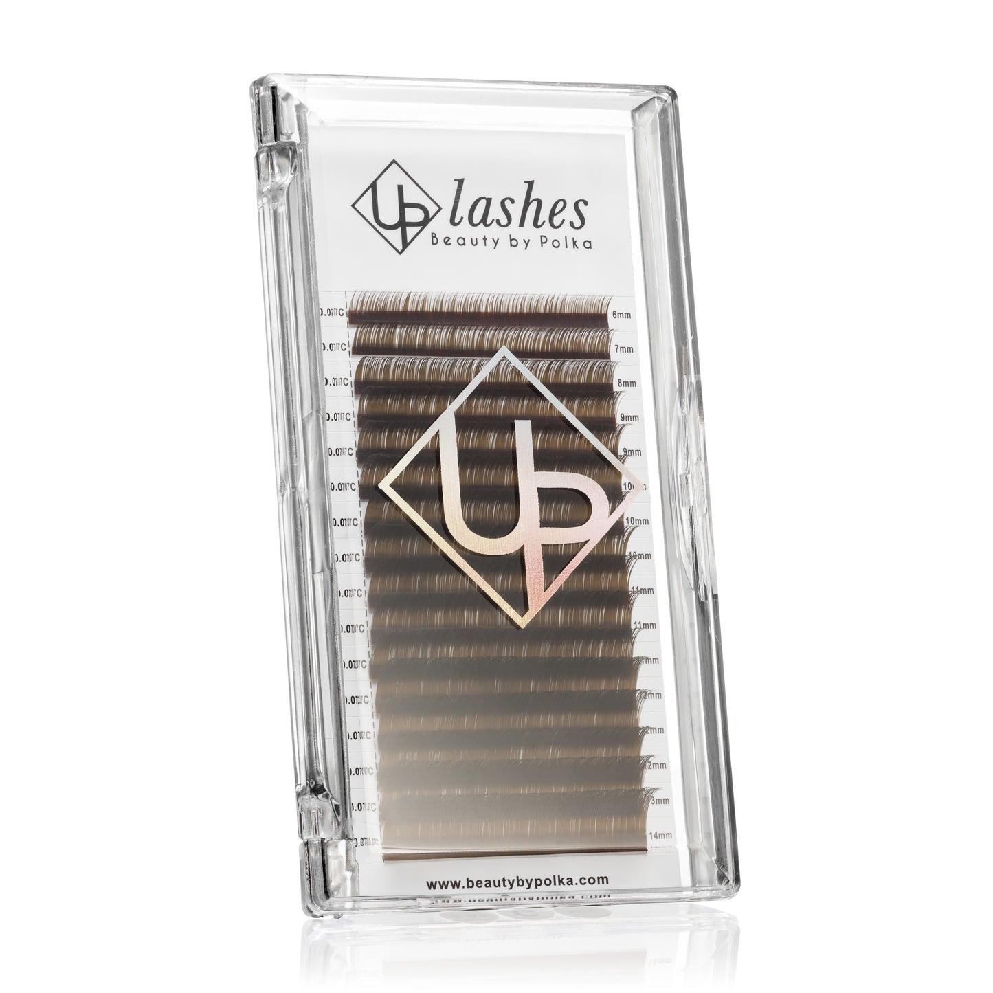 A pack of UPLashes labeled DARK BROWN, with the brand's logo, contained in a clear plastic tray with 16 strips of eyelashes.