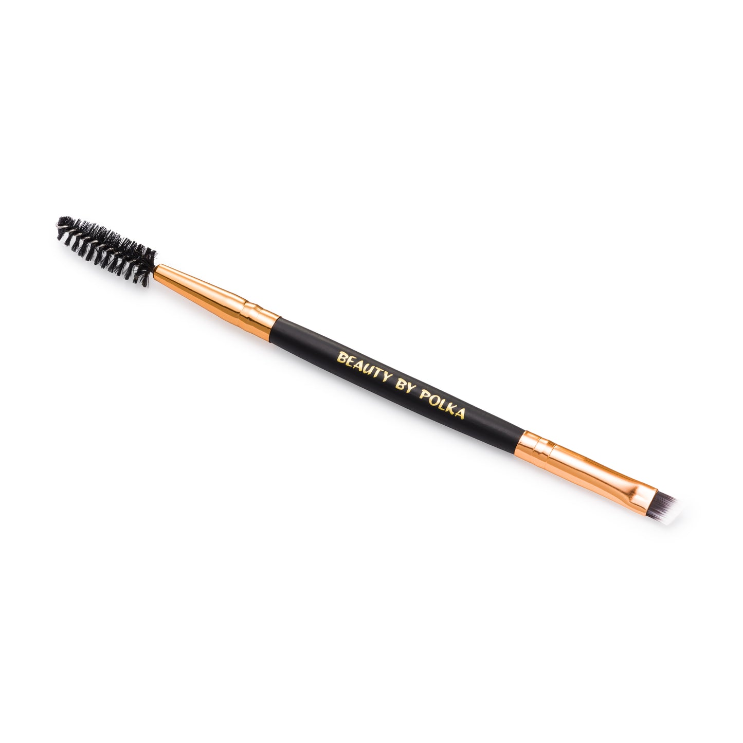 A professional brow brush with a black handle and golden metallic accents, featuring dense bristles and an angled design for applying eyebrow products.