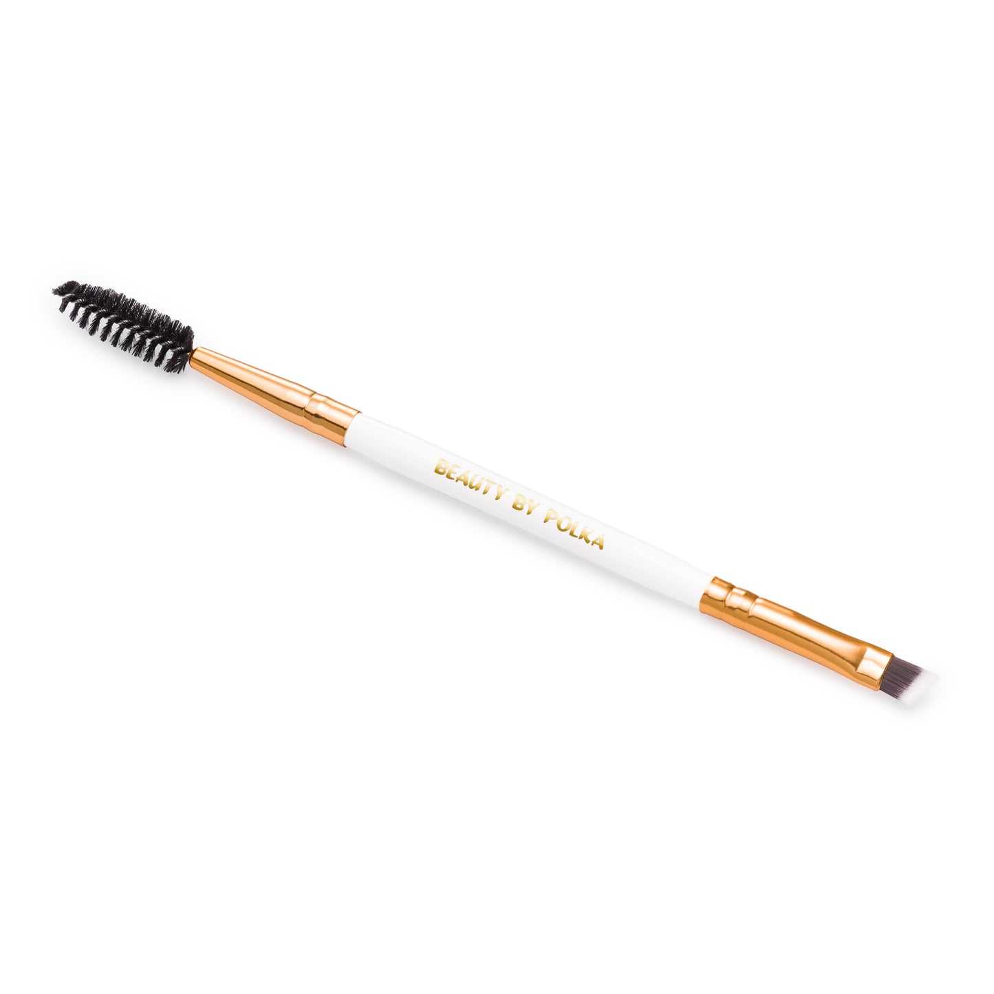 A professional brow brush with golden metallic accents, featuring dense bristles and an angled design for applying eyebrow products.