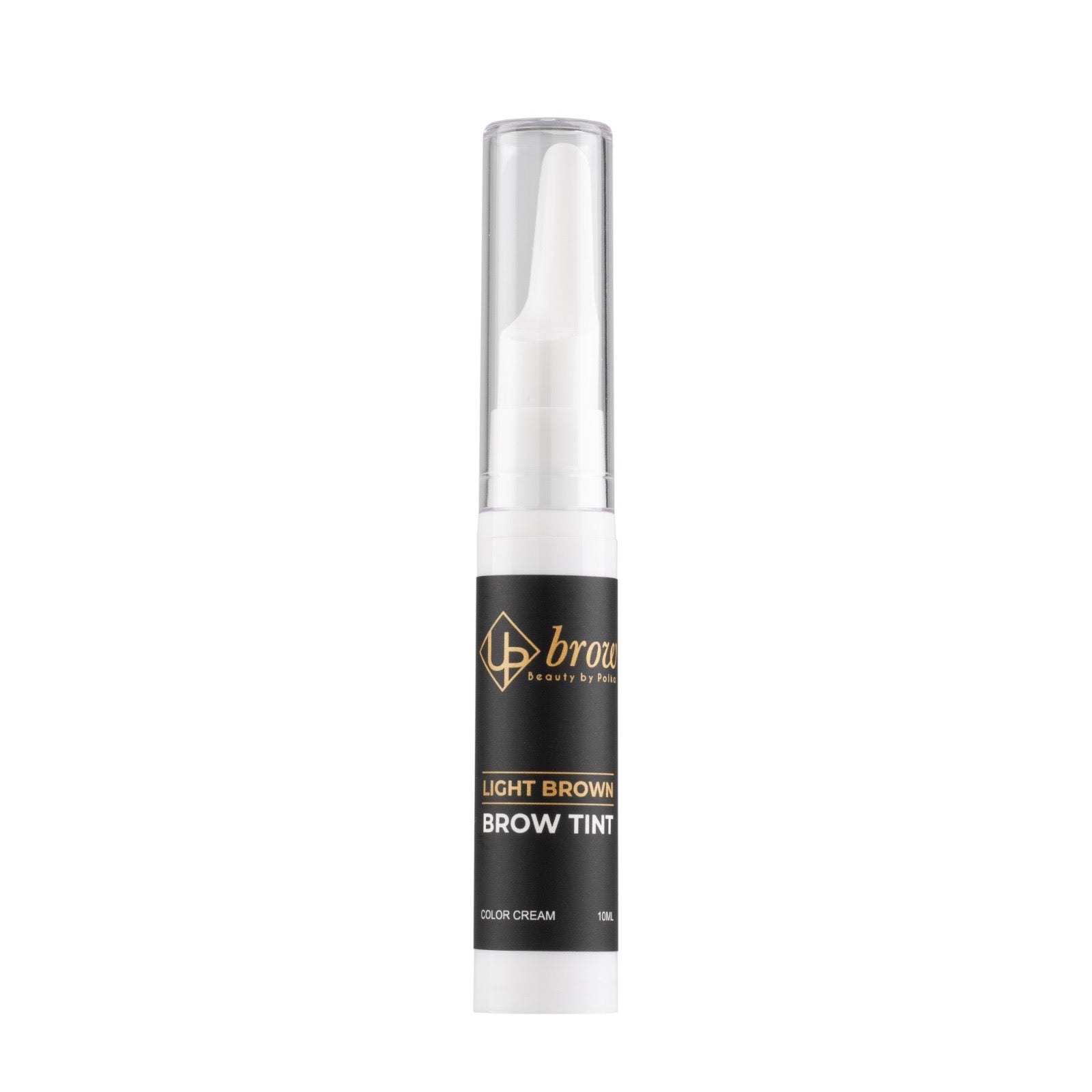 Brow tint bottle with black label on a white background