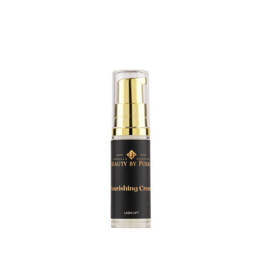 Beauty by Pola nourishing cream bottle with gold cap on a white background